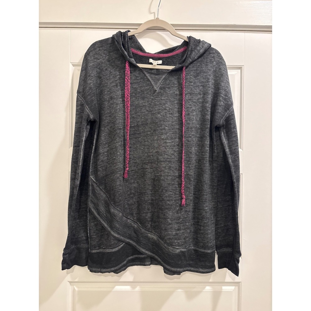 Maurices Womens Charcoal Gray Burnout Crossover Hem Hoodie Magenta Drawstring M